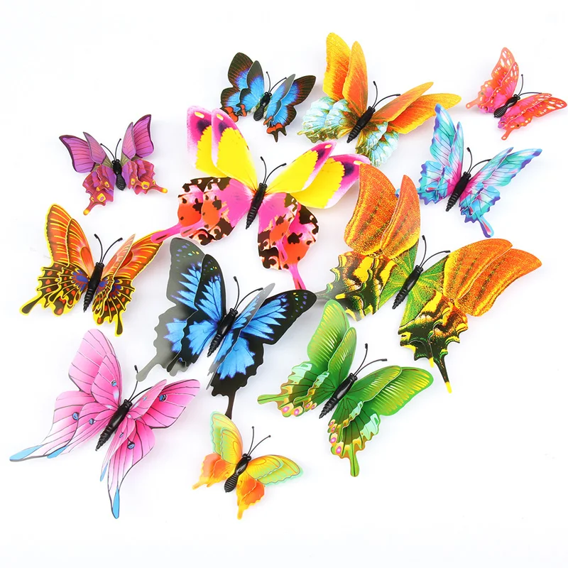 

New 12pcs/set 3D Double layer Pteris butterfly Wall Sticker Home decoration Colorful Butterflies on wall Magnet Fridge stickers