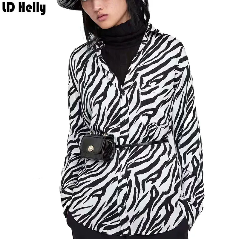 LD Helly модная новинка Женская свободная блузка с животным принтом зебры карманы