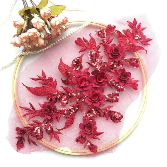 

Бордовый шелковый цветочный мотив лиф 10 штук, французское кружево с блестками, 3D Цветочная аппликация, тяжелый аппликация вышитый цветок дл...