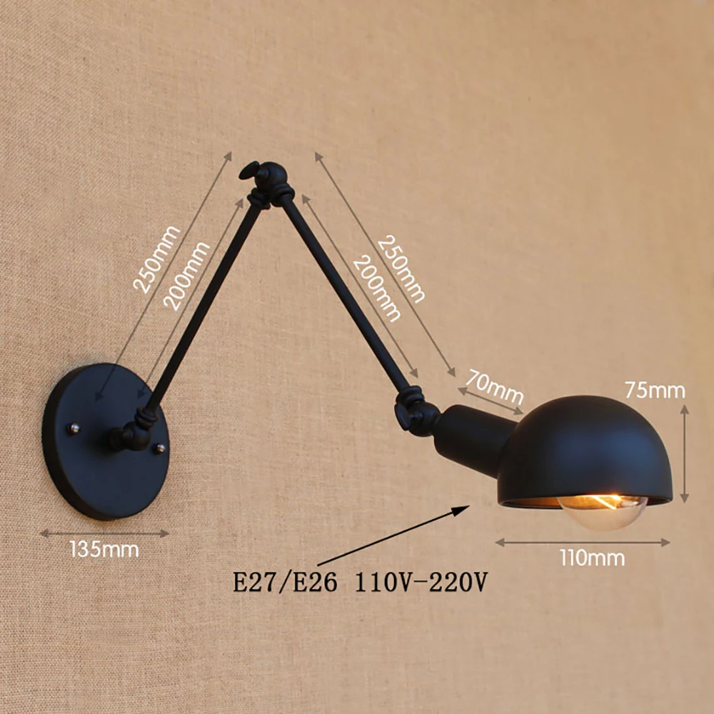 Винтажная Регулируемая настенная лампа с длинным кронштейном в стиле лофт E27