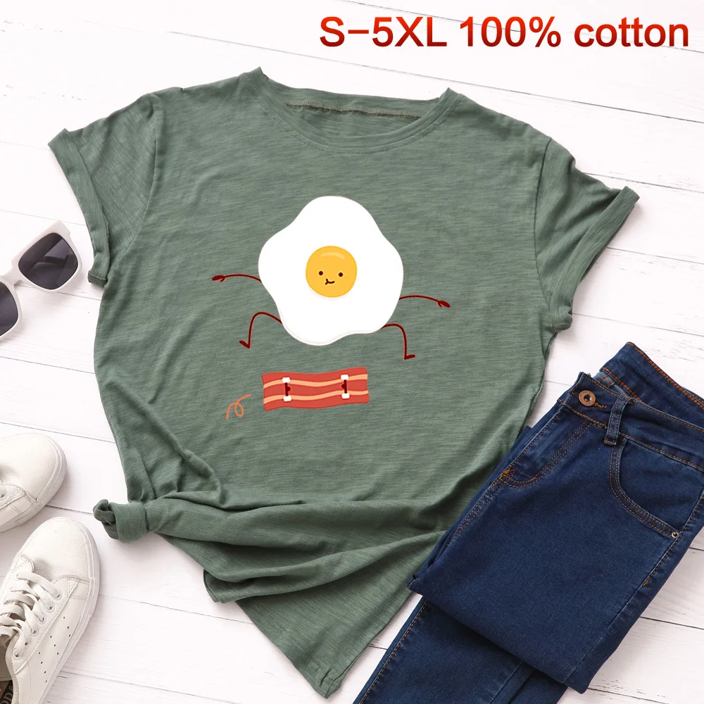 SINGRAIN Women Summer Cute T shirt Omelette Pattern Cartoon female t-shirt plus size fashion loose casual women tops tee | Женская