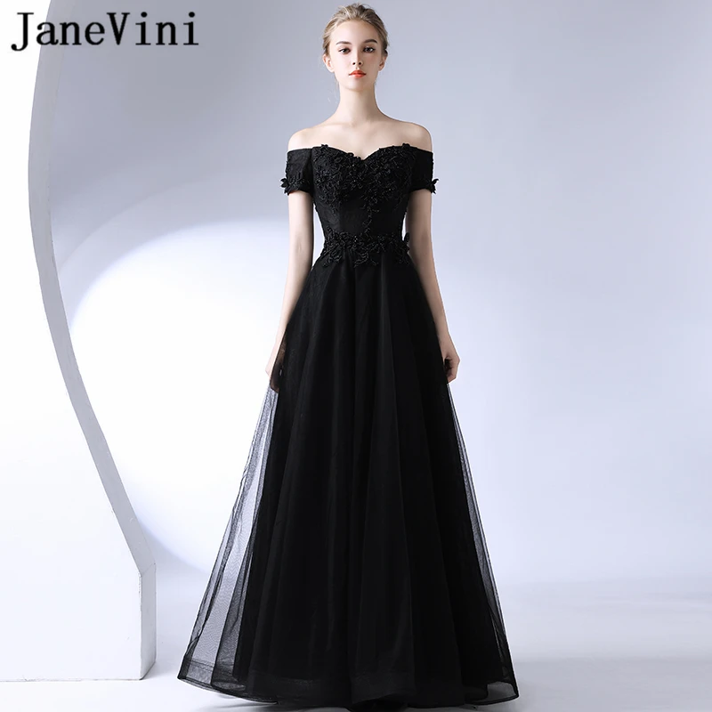 

JaneVini 2018 Black Tulle Bridesmaid Dresses A Line Boat Neck Lace Applique Beaded Backless Floor Length Vintage Long Prom Gowns