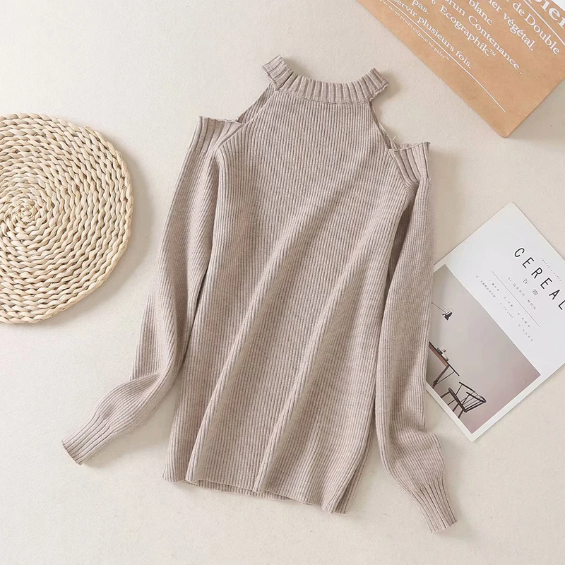 

Shoulder Hollow Out Women Sexy Long Sleeve Pullover Sweater American Style Slim Solid Off Shoulder Design Long Sleeve Sweater