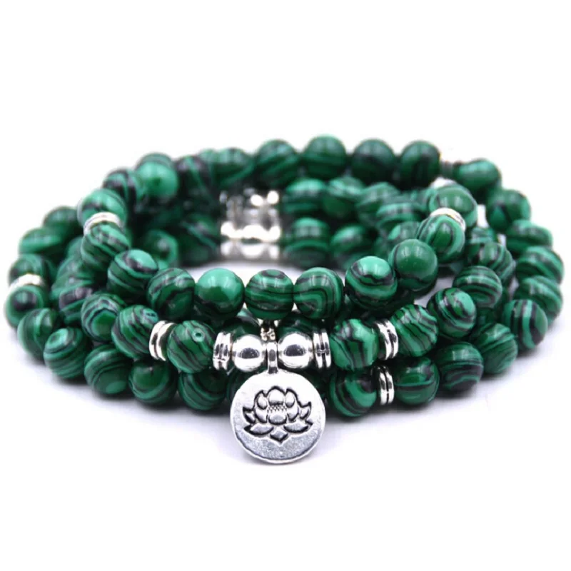 Hot Sale 8mm Natural Green Malachite Stone 108 Mala Beads with Yoga Lotus Charm Pendant Men Or Women's Healing Bracelet | Украшения и