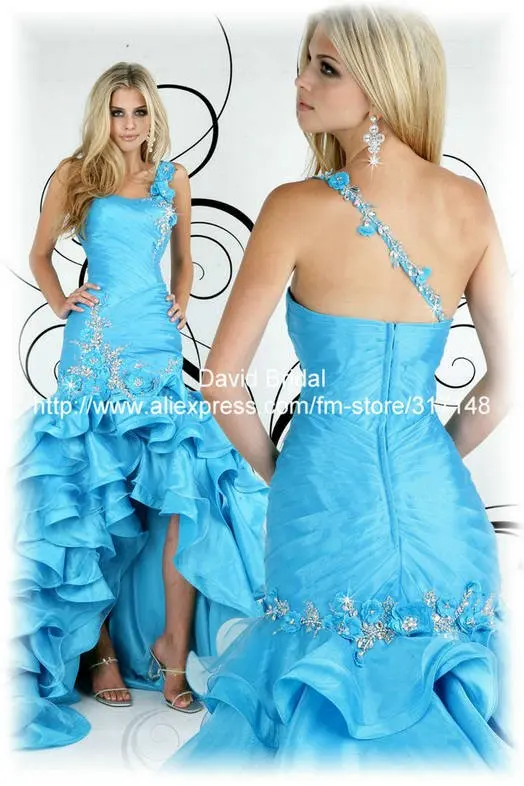 Short Front Long Back DA342 Ruffles Skirt Beaded One Shoulder Mermaid Prom Dress Blue | Свадьбы и торжества