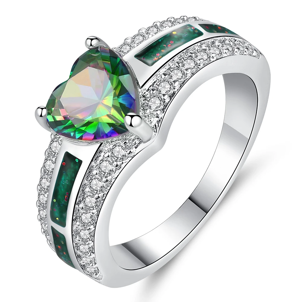 

Heart Shaped Ring Female Zircon Ring Lady Green Rainbow Zircon Metal Ring Colorful Decoration Set Party Wedding Ladies Jewelry