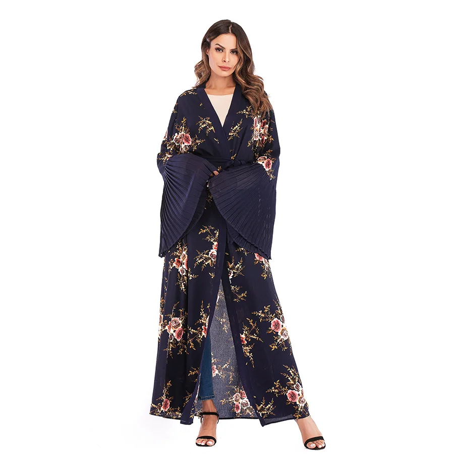 2019 женское мусульманское платье с цветочным принтом Абая расклешенными рукавами