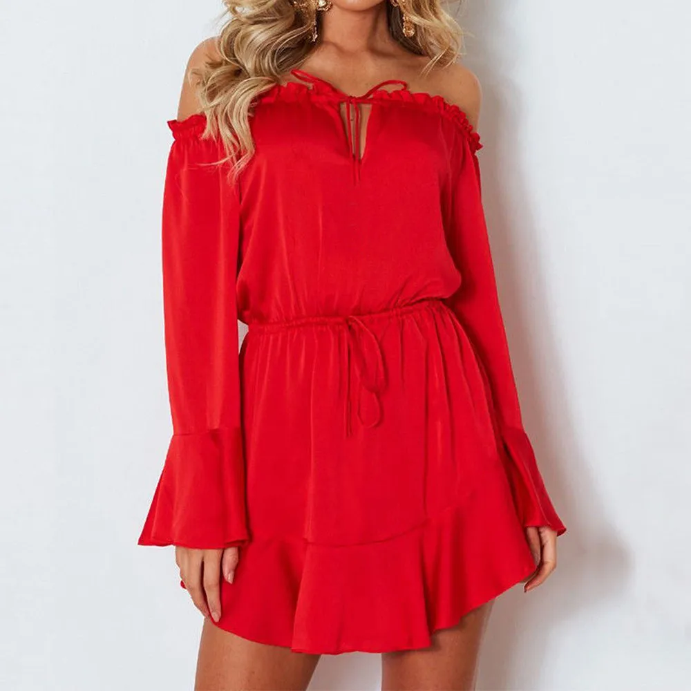 

Autumn Dress Women Fashion Solid Flare Sleeve Slash-Neck Off Shoulder Club Party Mini Dress