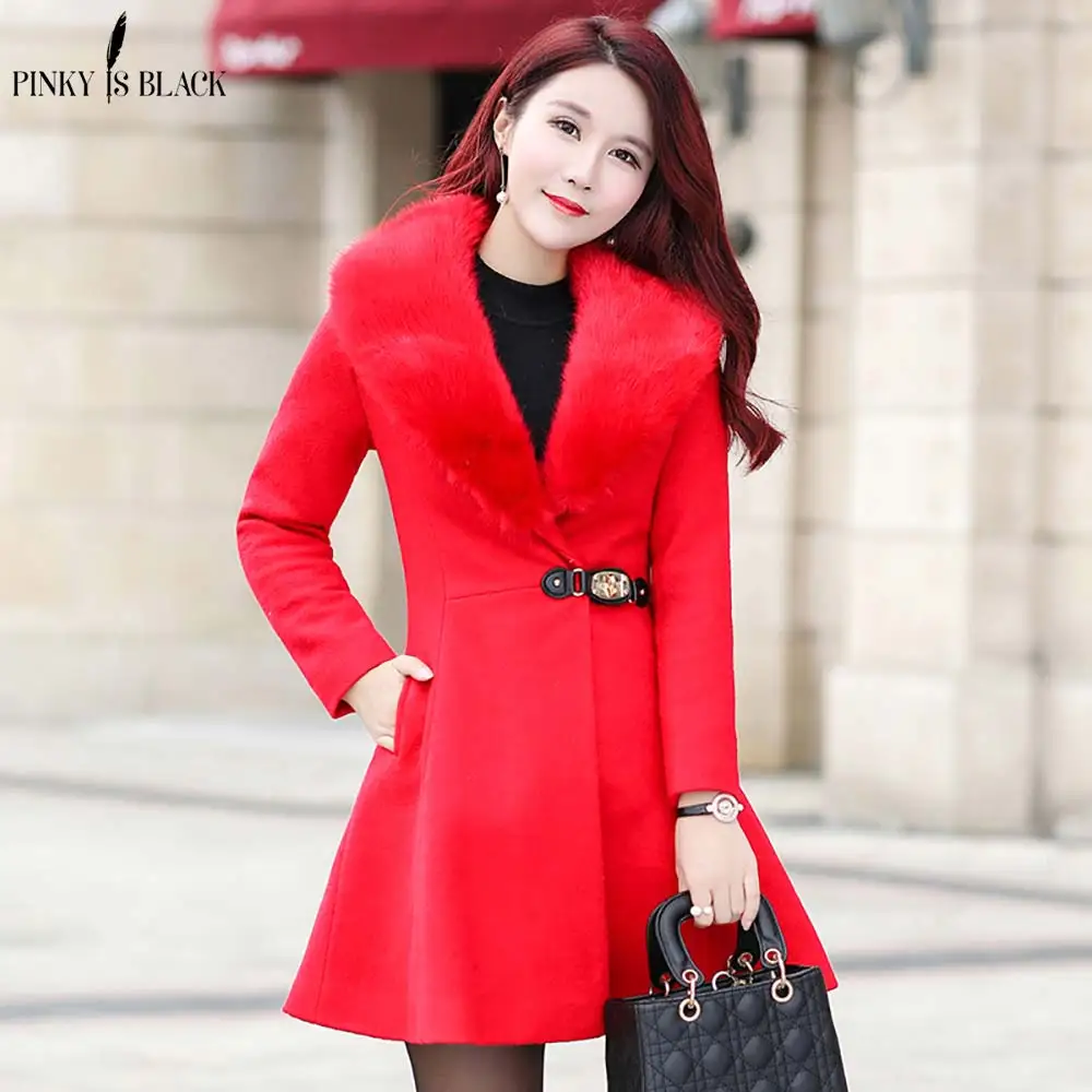 Женский шерстяной плащ PinkyIsblack со съемным меховым воротником с оборками на осень