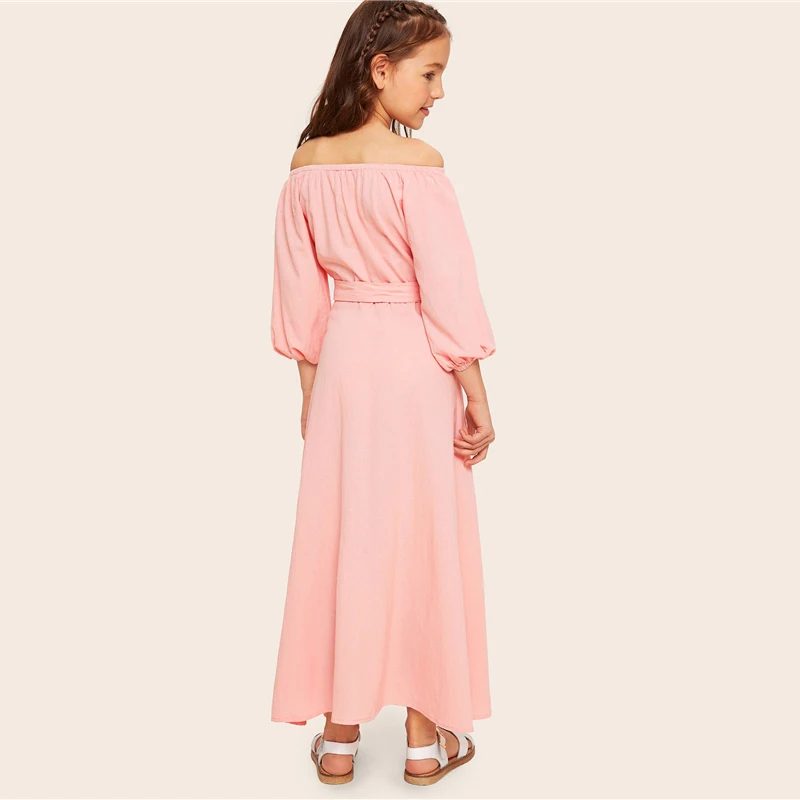 SHEIN/милое розовое платье для девочек с открытыми плечами, пуговицами и поясом спереди, Boho, лето, детские платья трапециевидной формы с рукавом «Бишоп»