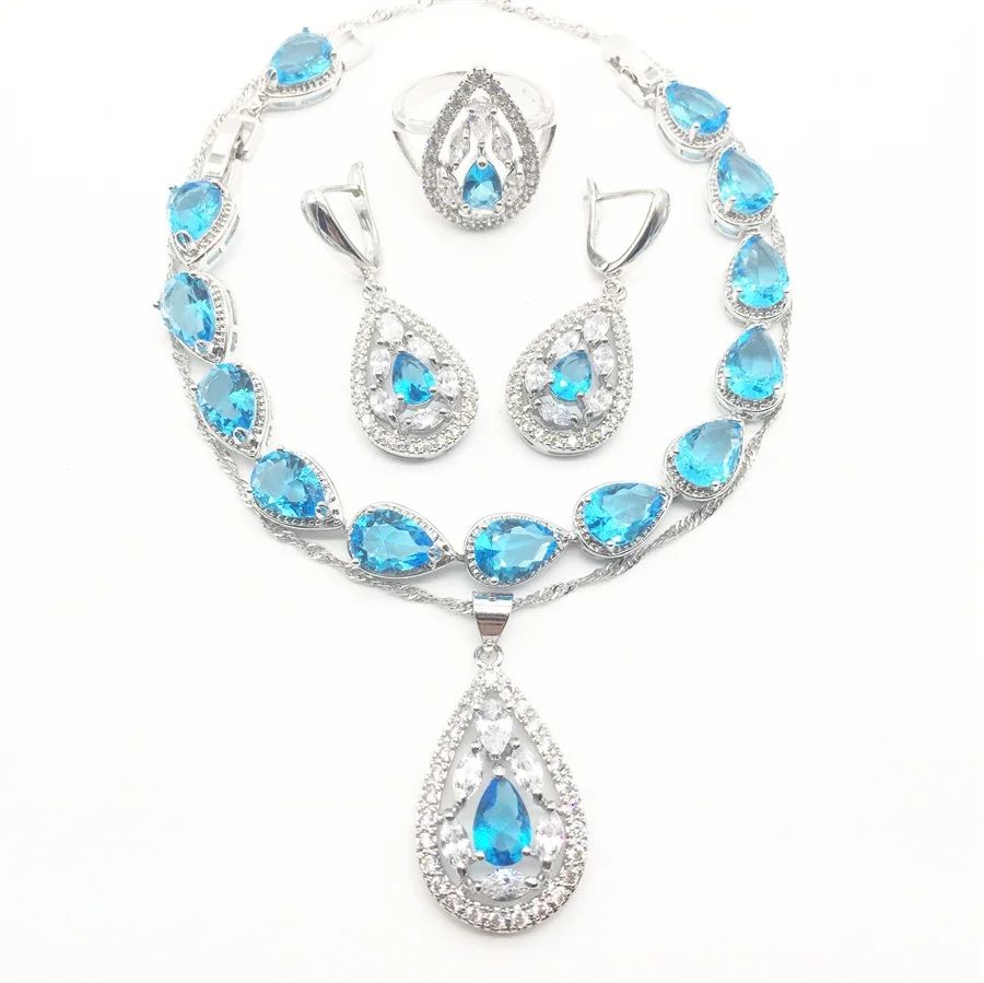 Sea-blue Zircon Costume Silver 925 Jewelry Sets Women Bracelets Earrings With Stones Pendant&ampNecklace/Rings Set Jewelery | Украшения и