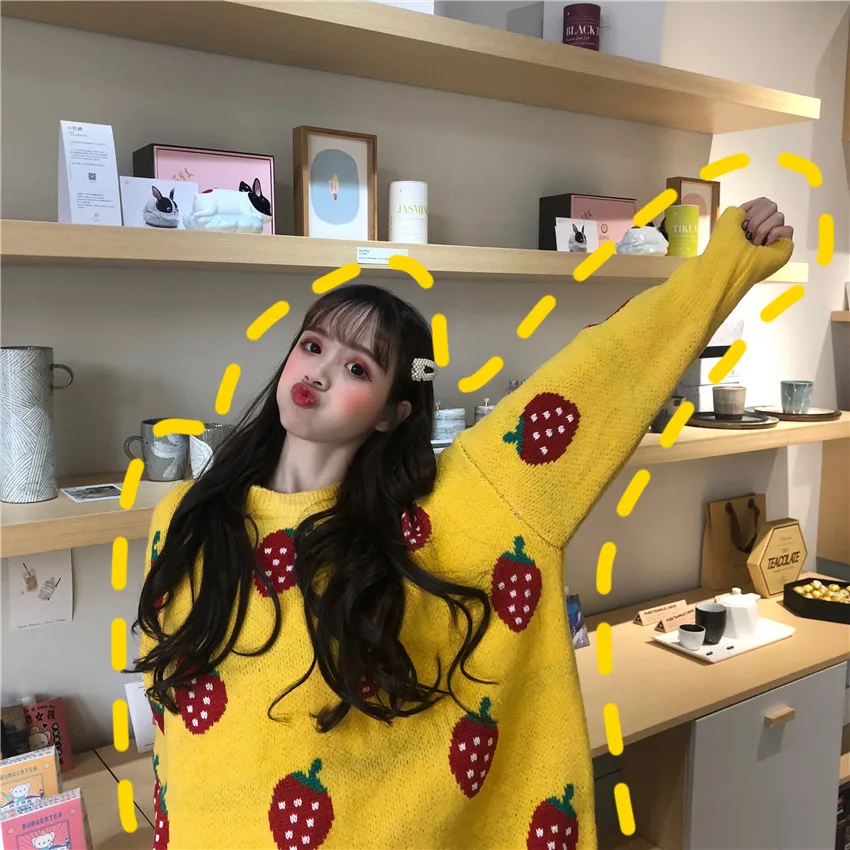 Корейский Ulzzang Зимний Большой размер свободный Забавный клубничный принт шикарный длинный рукав женский милый ins o-образный вырез модный Повседневный свитер