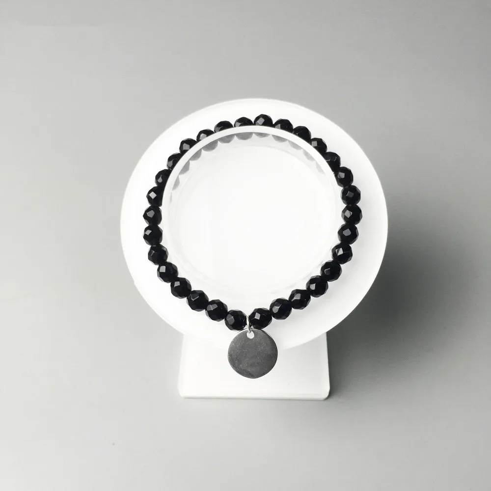 6mm Black Facet Onyx Beads Bracelets with 925 Sterling Silver Round Disk 2018 Fashion DIY Bracelet Jewelry Gift For Women Men | Украшения и