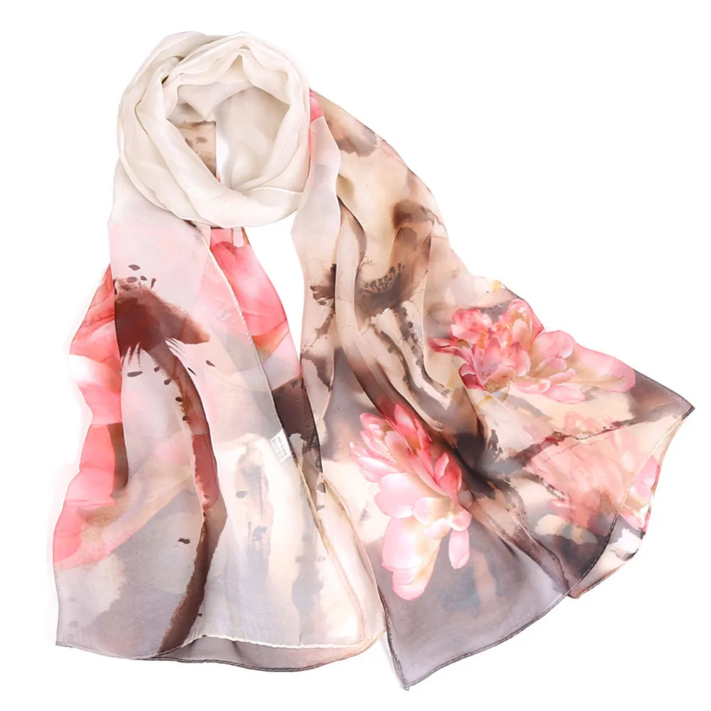 

Women Silk Scarves Flowers Lotus Printing Long Soft Wrap Scarf Elegan Shawl Scarfs foulard femme