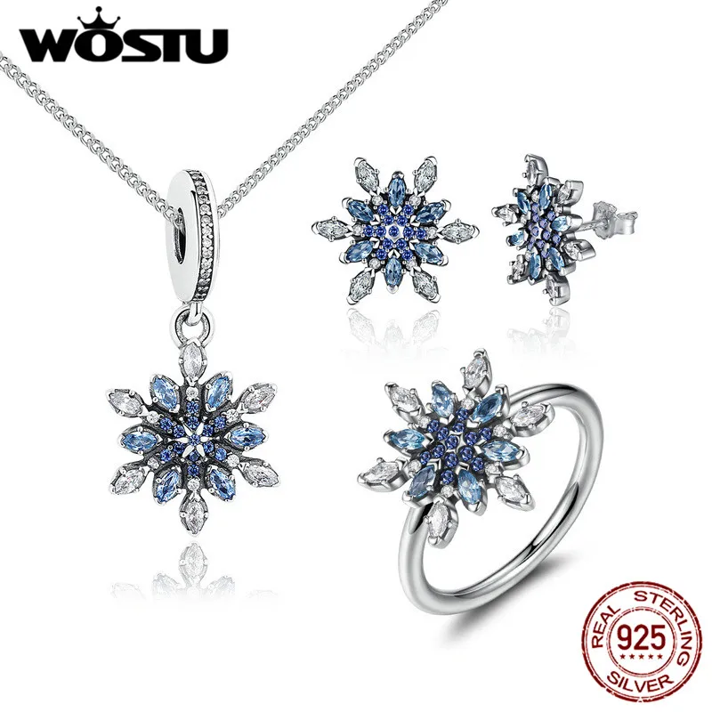 WOSTU Аутентичные 100% 925 пробы Silver Blue & Clear кубического циркония Снежинка Ювелирные