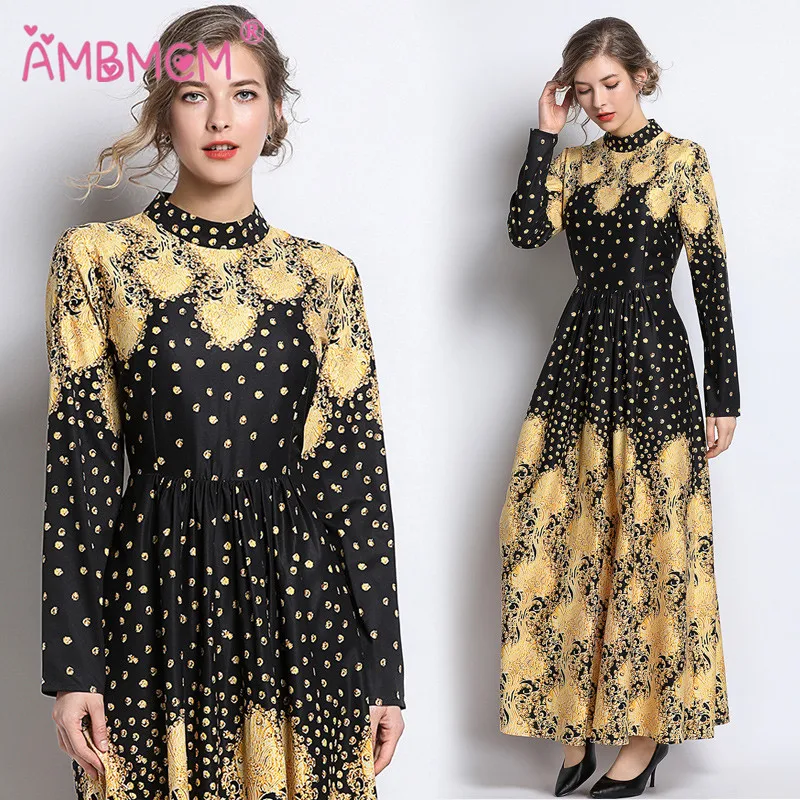 Женское длинное платье с принтом AMBMCM черное Золотое Платье длинными рукавами