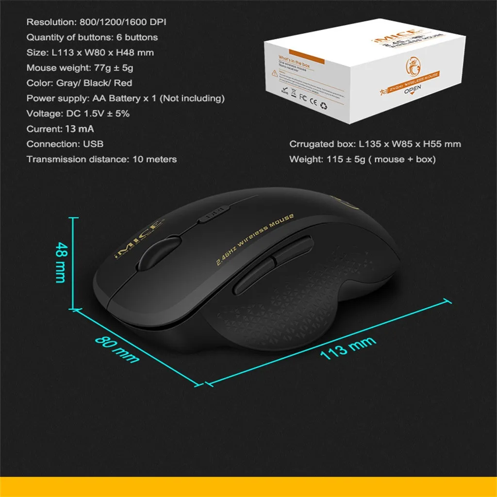 IMICE G6 6 клавиш 2,4 ГГц 800-1200-1600 dpi Третий механизм беспроводная мышь Мыши и usb-приемник для ПК ноутбука регулируемые Игровые мыши