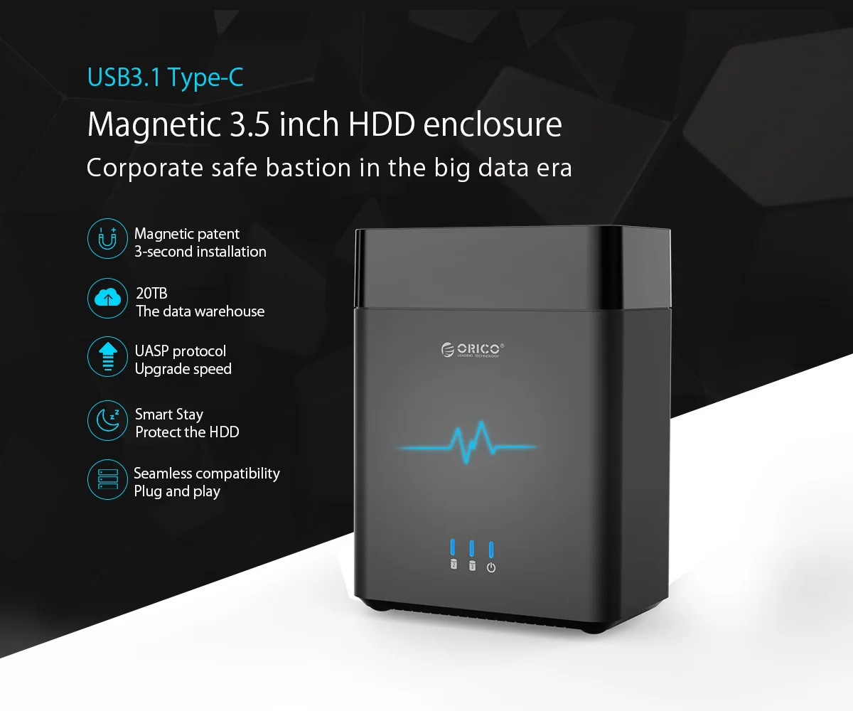 ORICO двойной отсек магнитного типа 3,5 дюймов жесткий диск корпус USB3.0 для SATA3.0 3,5 в HDD Чехол Поддержка UASP 12V4A мощность Макс 20 ТБ