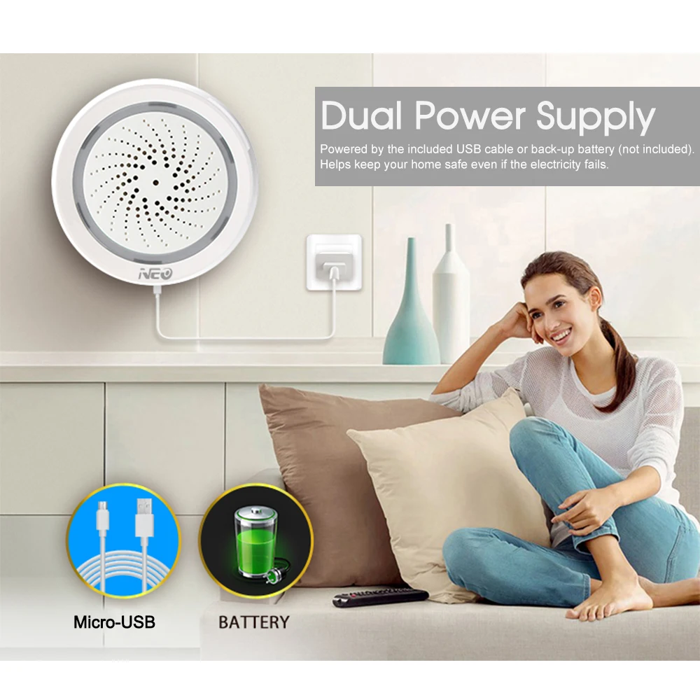 Смарт сирена NEO с Wi Fi сенсор для домашней безопасности совместим Alexa Google
