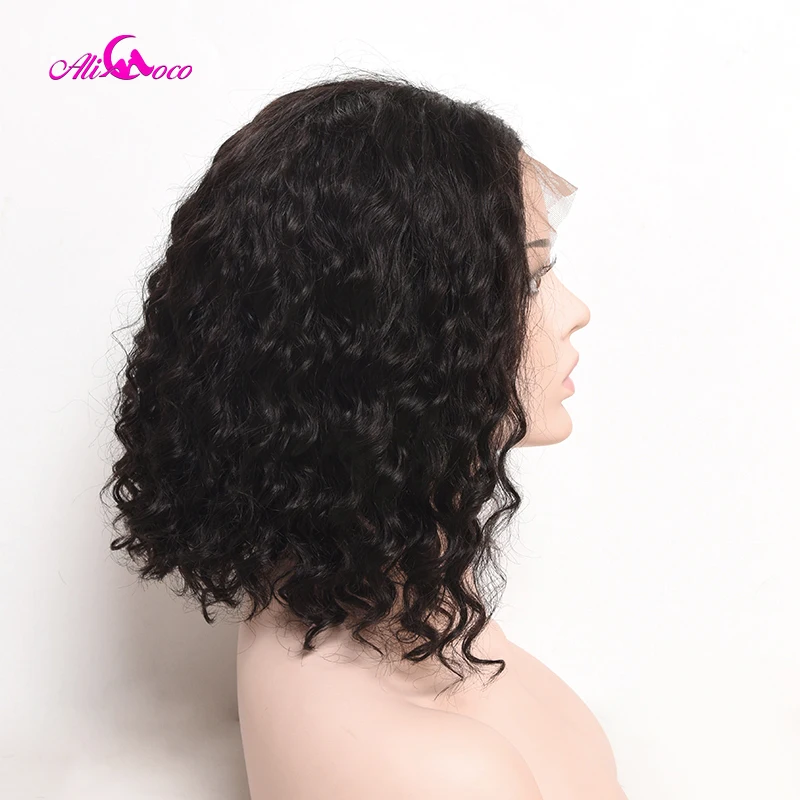 Волосы Али Коко волнистые 150% короткие кружевные фронтальные черные женские 8-14 Remy