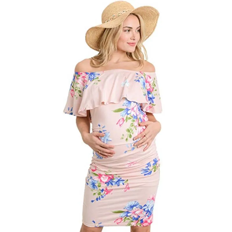 Платье для беременных с открытой спиной и плечами оборками Одежда одежда