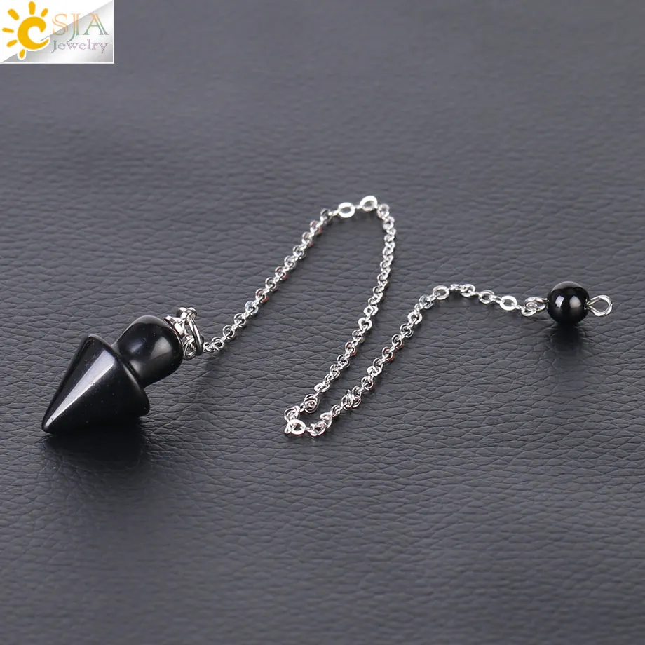 Black Onyx CSJA розовый с кварцевым тигровым глазом маятник конус натуральный камень конусный кулон с цепочкой придавая Исцеление ювелирные изделия для женщин мужчин F376 - Окраска металла: Black Onyx