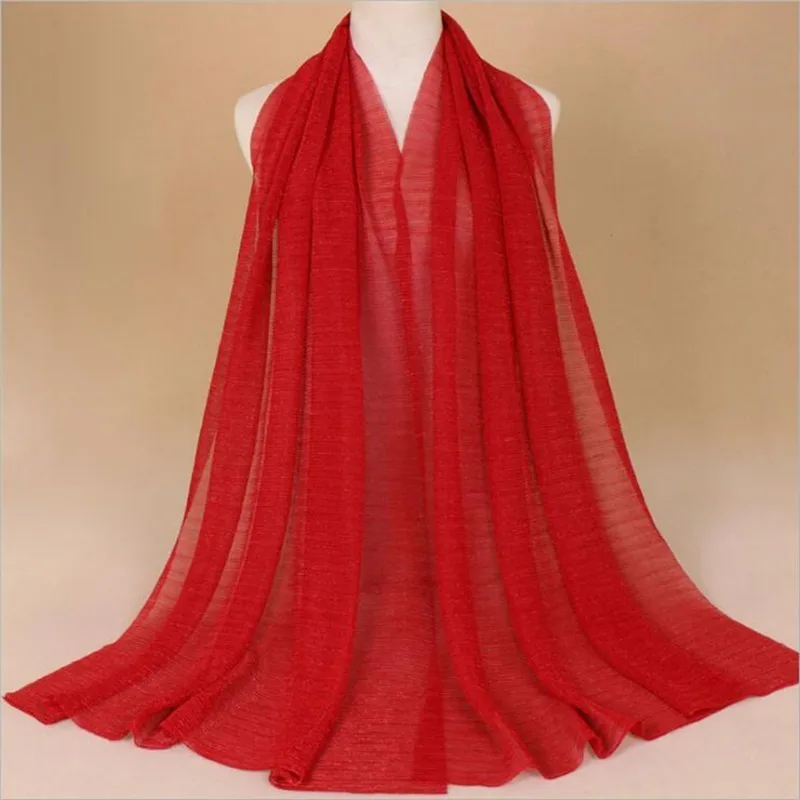 Red Мусульманский женский хиджаб с люрексом, блестящие шарфы, простая складка, Блестящий эластичный длинный модный шарф, шали - Цвет: Red