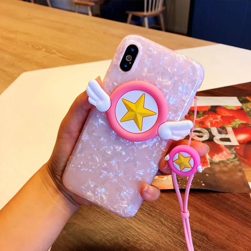 Чехол с 3D волшебным ангелом для iphone X, милый мультяшный чехол с крыльями Сейлор Мун для iphone 8, 7, 6, 6 S plus, розовый чехол с Сакурой для iphone 7, ремешок