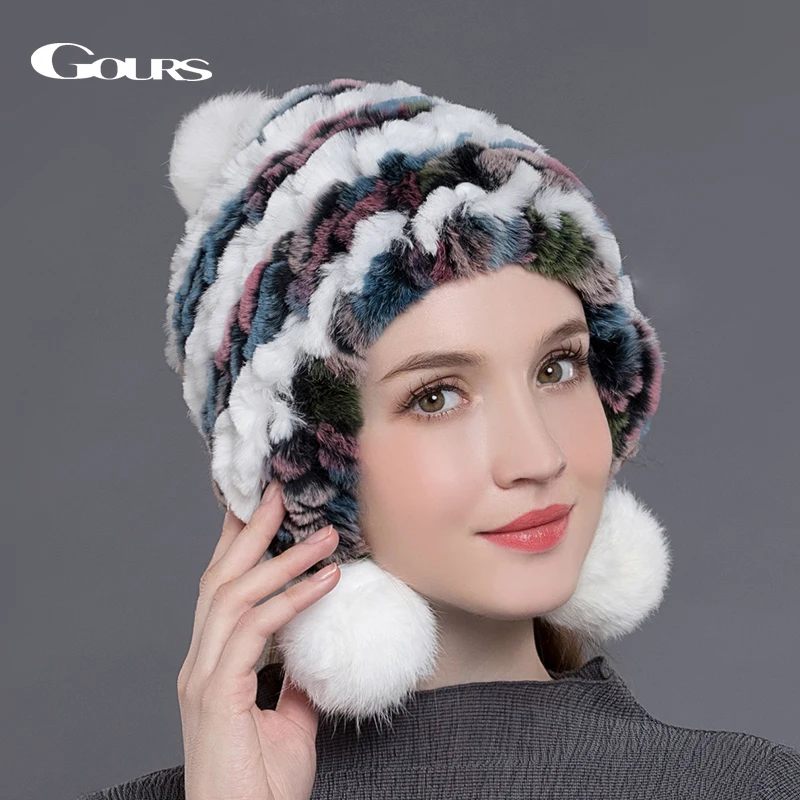 Gours натуральный шапки из меха кролика рекс для женщин зимние толстые теплые