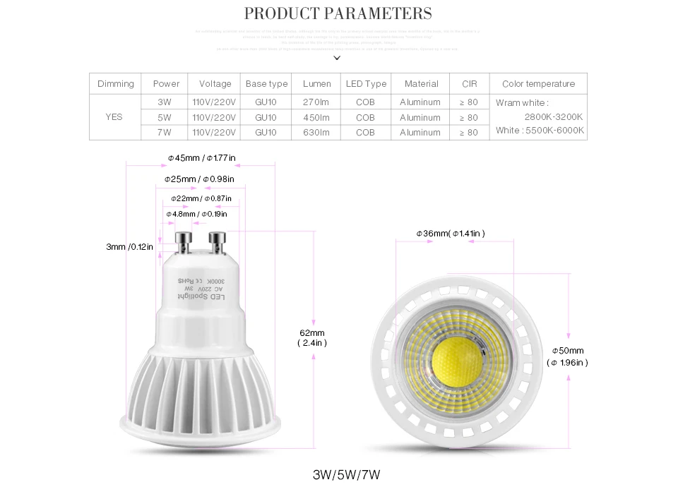 Алюминиевый GU10 Светодиодный точечный светильник 220V 110V COB MR16 Светодиодный 12V AC/DC 12 V-24 V Точечный светильник с регулируемой яркостью 3W 5W 7W AC85V-265V для помещений