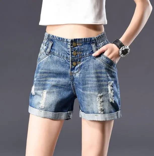 Elastic waist denim shorts women's summer 2019 new hole high large size loose | Женская одежда