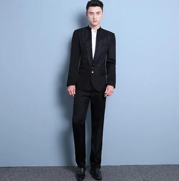 Белый черный костюм с пайетками homme корейский сценический мужской приталенное