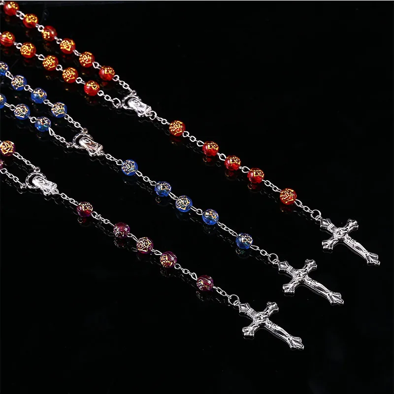 Католические 8 мм розовые бусы Золотая Роза бусины Крест длинная цепь Девы Марии