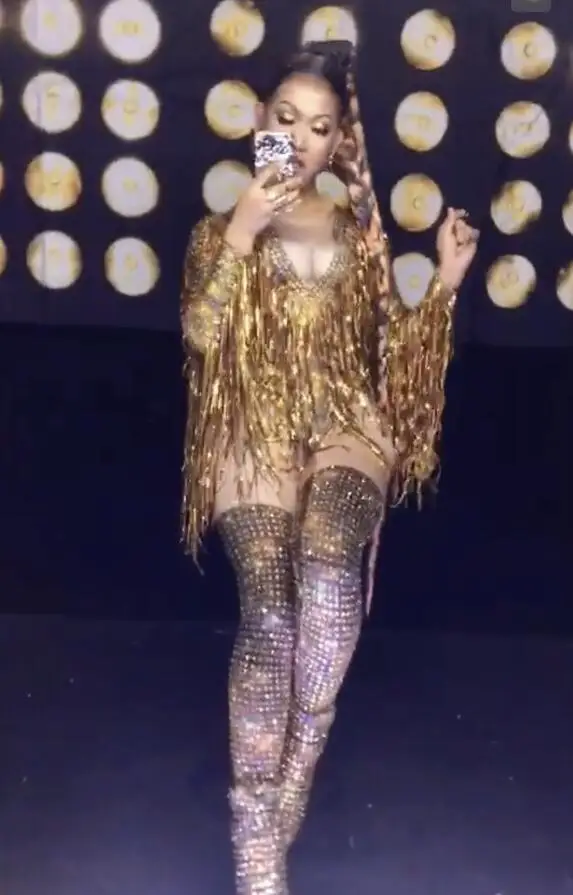 Gold Fringes Rhinestones Sexy Bodysuit Women Jazz Dance Big Stretch Leotard Outfit Evening Show One-piece Sexy Costume Wear