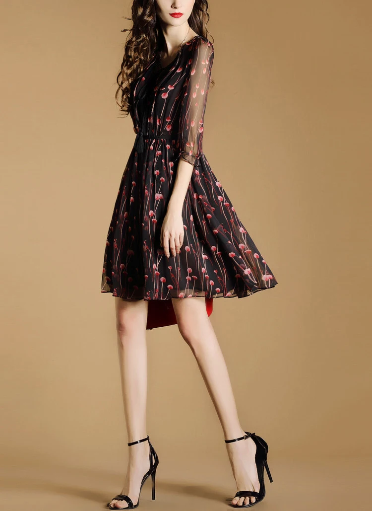Fashion women dress ladies цветочные шифон vestidos симпатичные вишневый отпечатано v образным