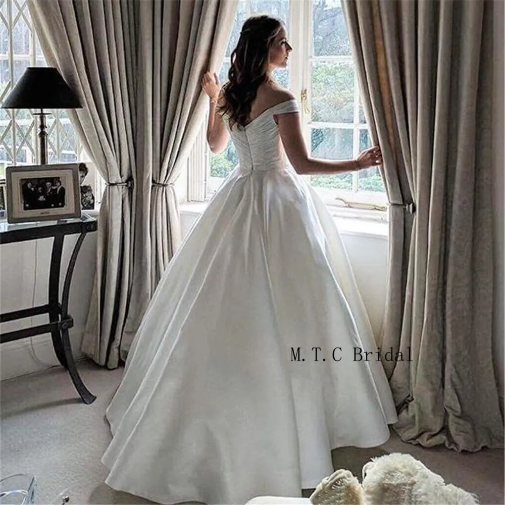 

Custom Made White Satin Ball Gown Wedding Dresses Off The Shoulder Sweetheart Charming Bridal Dress Cheap 2019 Vestido De Noiva