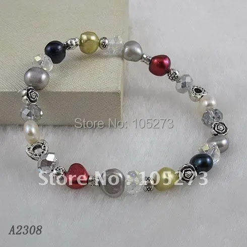 

Stunning!pear bracelet AA 6-7MM White purple black color Genuine Freshwater pearl & Silvers &crystal Elastic bracelet A2308