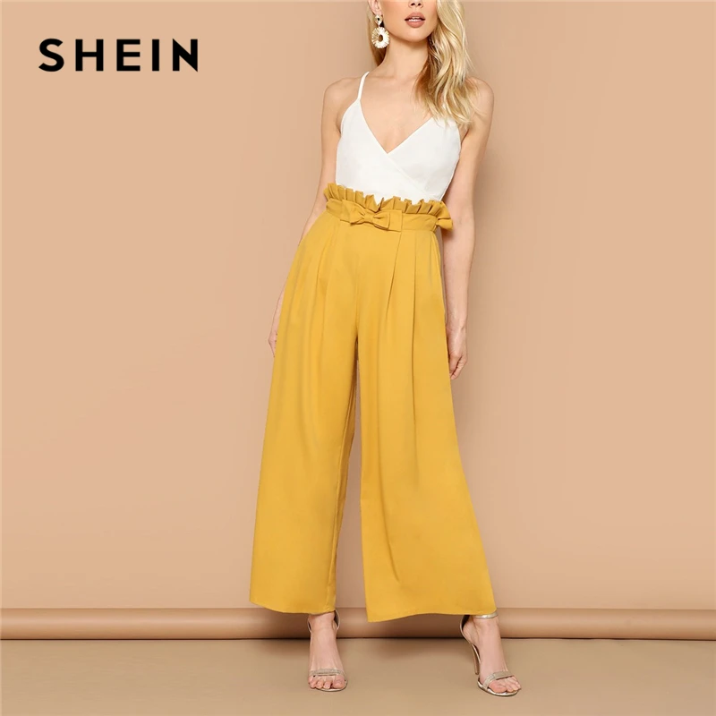SHEIN/широкие брюки с бантиком и складкой на талии; элегантные свободные брюки с эластичной резинкой на талии; желтые брюки с высокой талией