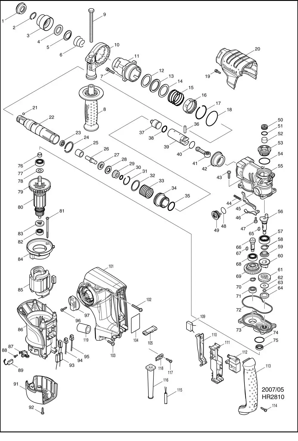 Ударная дрель Makita HR2810 с тяжелым молотком 3 режима работы: одиночный+ молоток 800 Вт 4, 500ipm 1100 об/мин бетонные отверстия