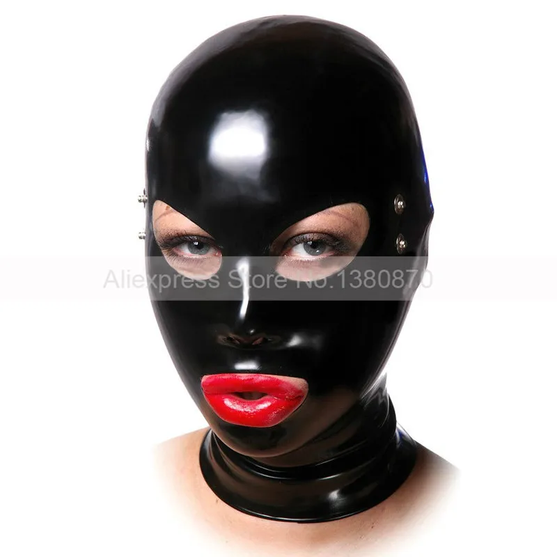 Черный мужской женский латексный капюшон с глазами маска задней молнией лицо