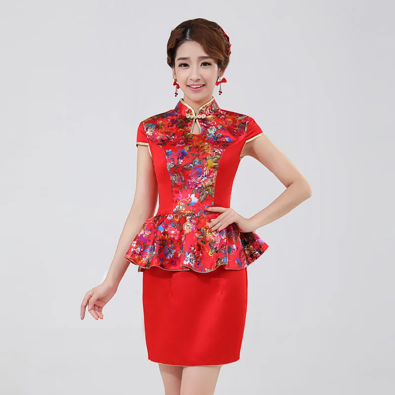 2015 new cheongsam dress wedding red short-sleeved short paragraph improved retro sleeve the bride toast | Тематическая одежда и