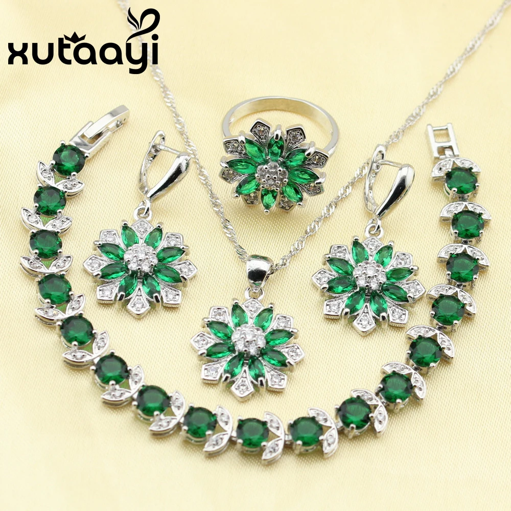 Женский комплект украшений с изумрудом ожерелье кулон серьги кольца серебряного