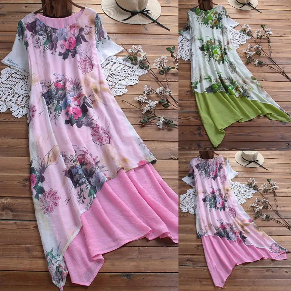 Женское винтажное платье с цветочным принтом повседневное льняное о вырезом и