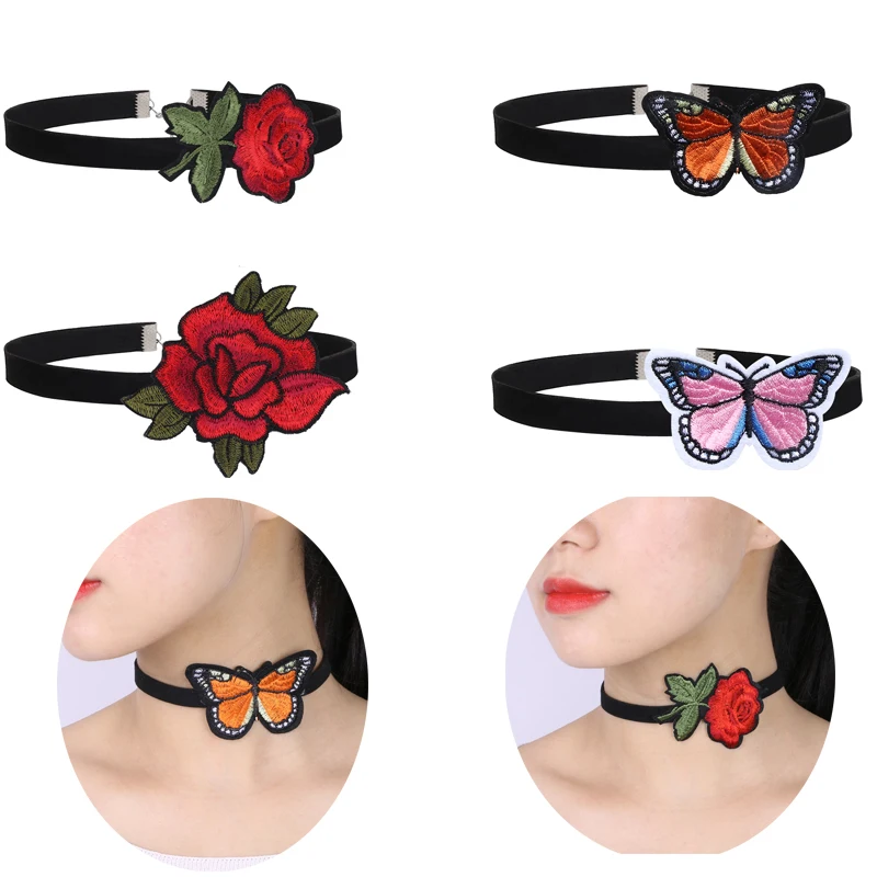4 шт новый модный набор чокер черный красный цветок ожерелье Вышивка Бабочка