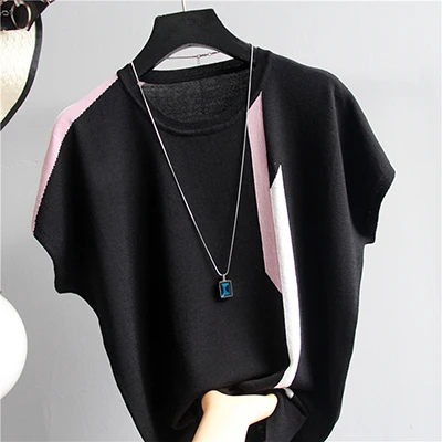 black t shirt Shintimes, тонкая трикотажная Хлопковая полосатая футболка, рукав летучая мышь, женская футболка,, летние топы, Повседневная футболка, женская футболка - Цвет: black t shirt