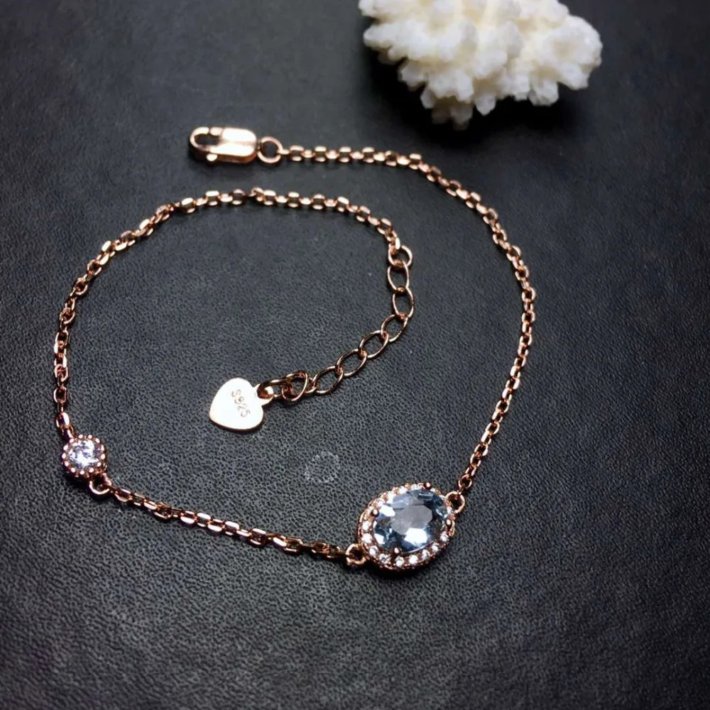

S925 silver natural blue Aquamarine bracelet natural gemstone bracelet Elegant Lovely simple round women party gift jewelry