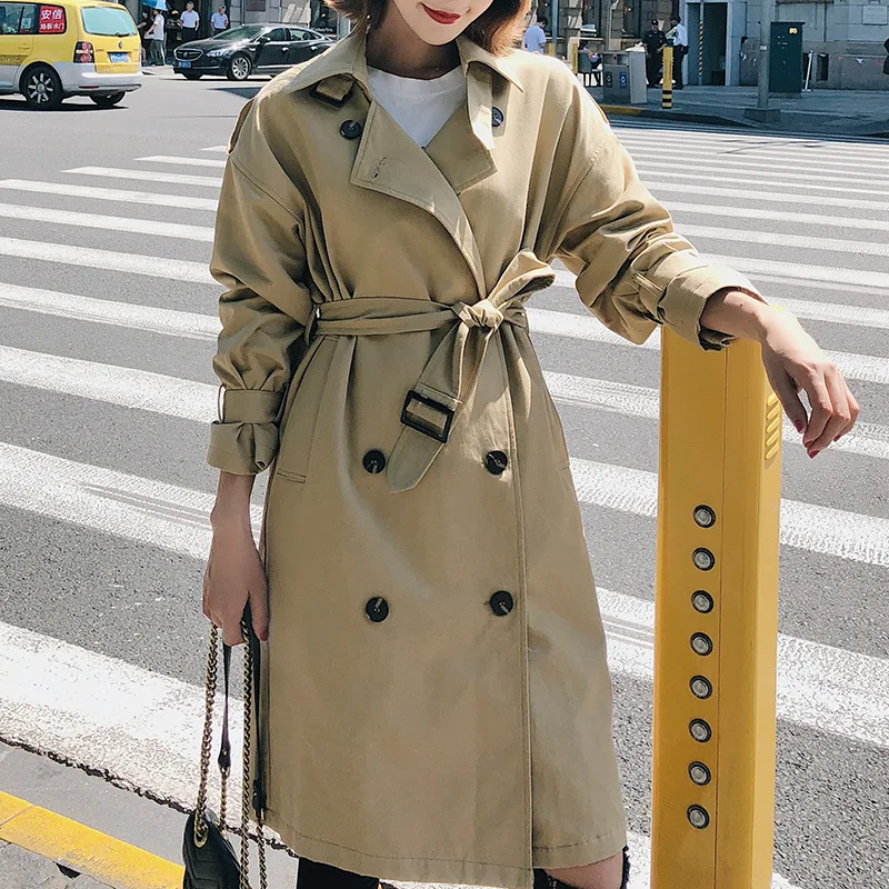 

2019 New Women Autumn Long Sleeve Double Breasted Long Trench Coat Female Pocket Windbreaker Khaki Casual Outerwear Overcoat 825