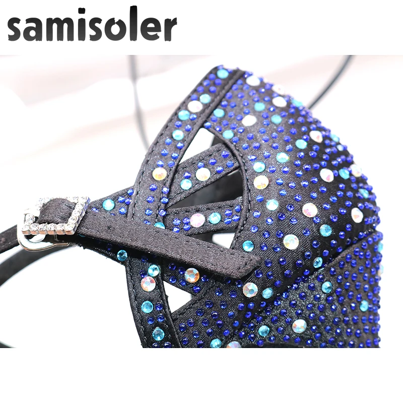 Samisoler/модельные туфли; женская обувь; zapatos de baile; обувь для латины; mujer; черный атлас; Темно-Синие стразы; женские туфли для сальсы; вечерние туфли для бальных танцев