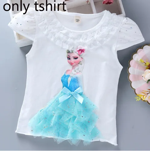 only shirt Новые летние комплекты одежды для девочек Детские хлопковые футболки с рисунком Эльзы, кружевная футболка принцессы+ длинные штаны, леггинсы одежда для детей с 3D рисунком - Цвет: only shirt