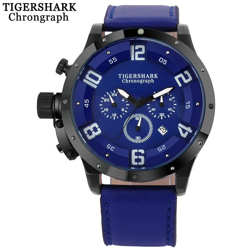 TIGERSHARK мужские спортивные часы кварцевые Топ бренд хронограф кожаный ремешок